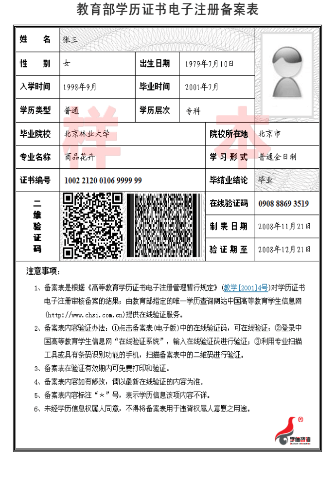 教育部學歷證書電子注冊備案表